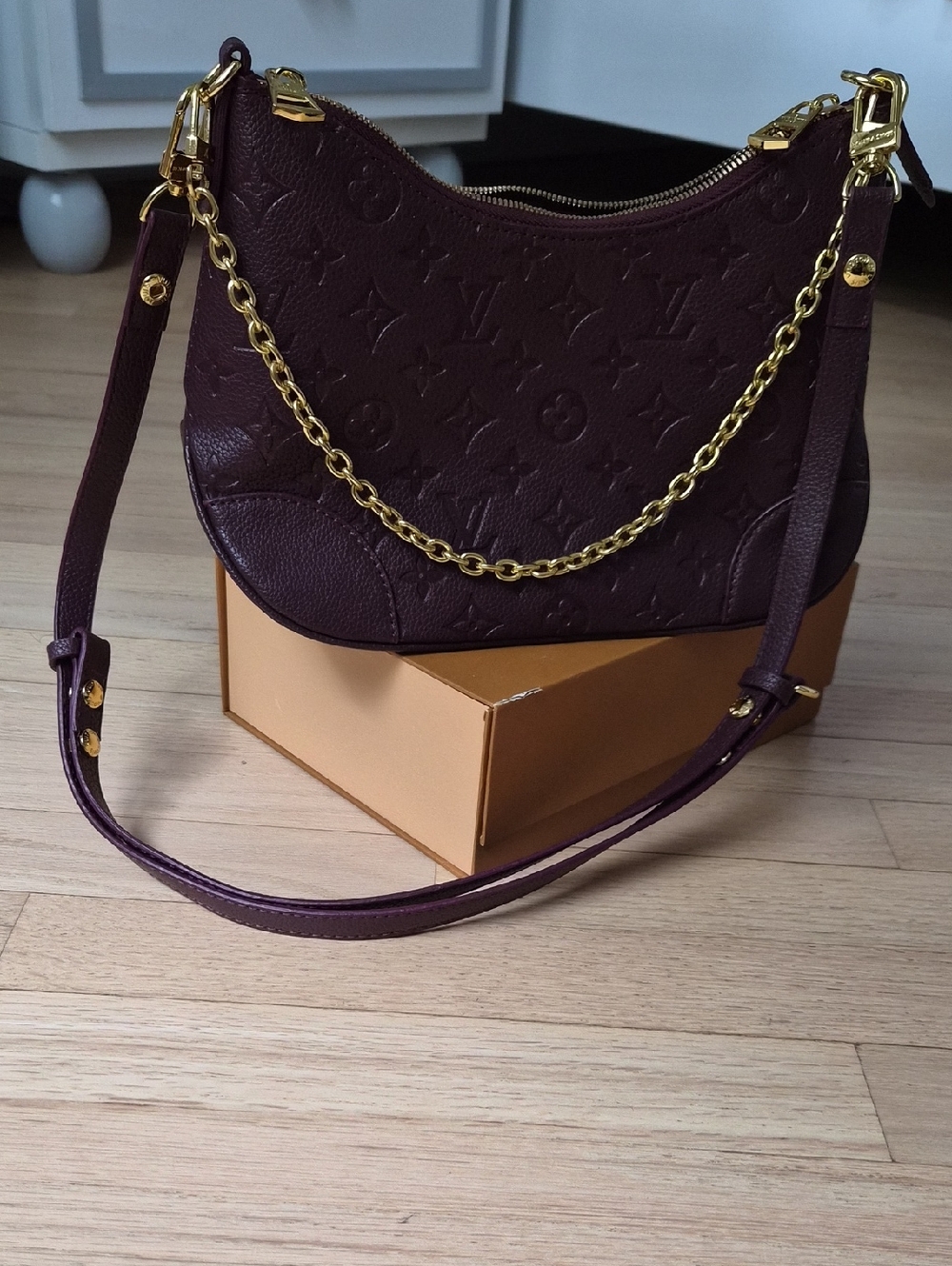 Louis Vuitton Embossed Shoulder Bag in Deep Plum with Gold Hardware